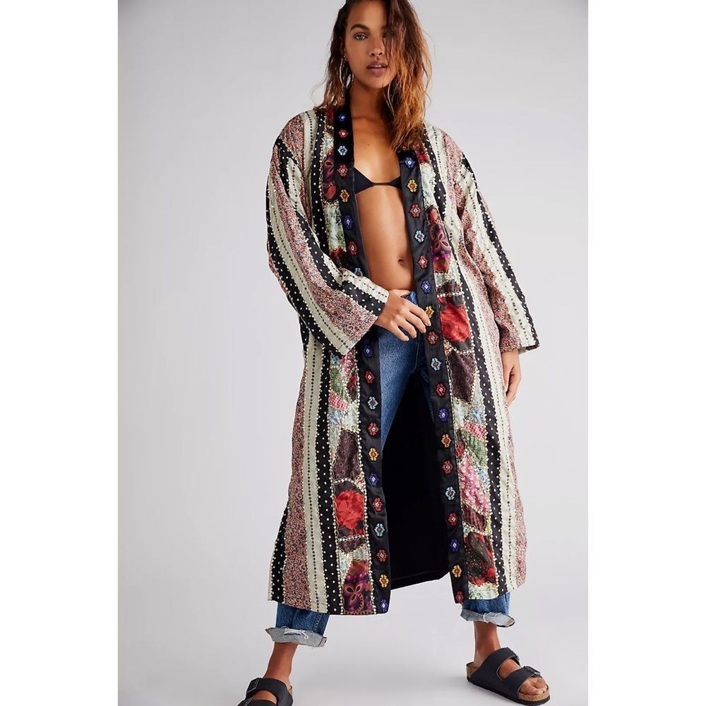 Free People Kayla Mixed Media Patchwork Embellished Duster Kimono Jacket $498